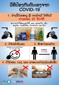Poster explaining COVID-19 precautions in Lao