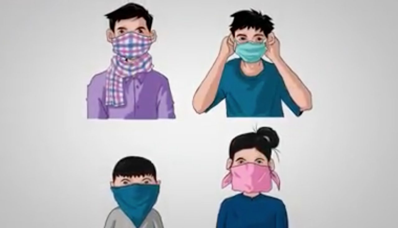 Cartoon of 4 people wearing masks to protect from COVID-19